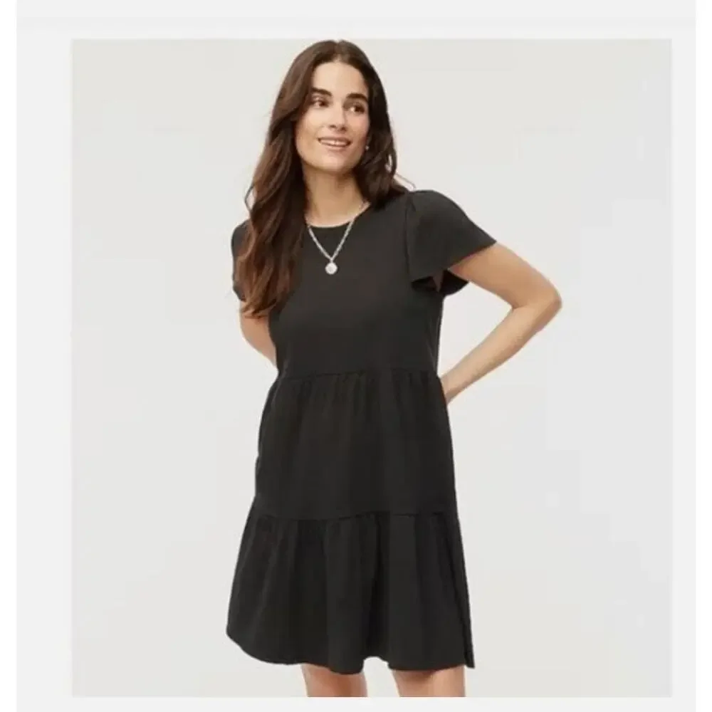 J.Crew Black Tiered Mini Dress M V Neck Flutter Sleeve Summer Sun Dress